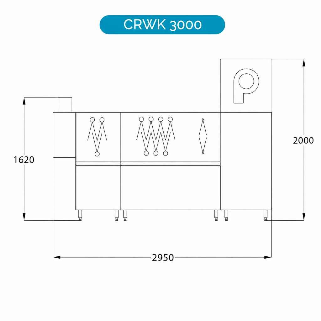 Korbdurchlaufspülmaschine CRWK3000 – 160 Körbe/h, Vorwäsche & Trocknung